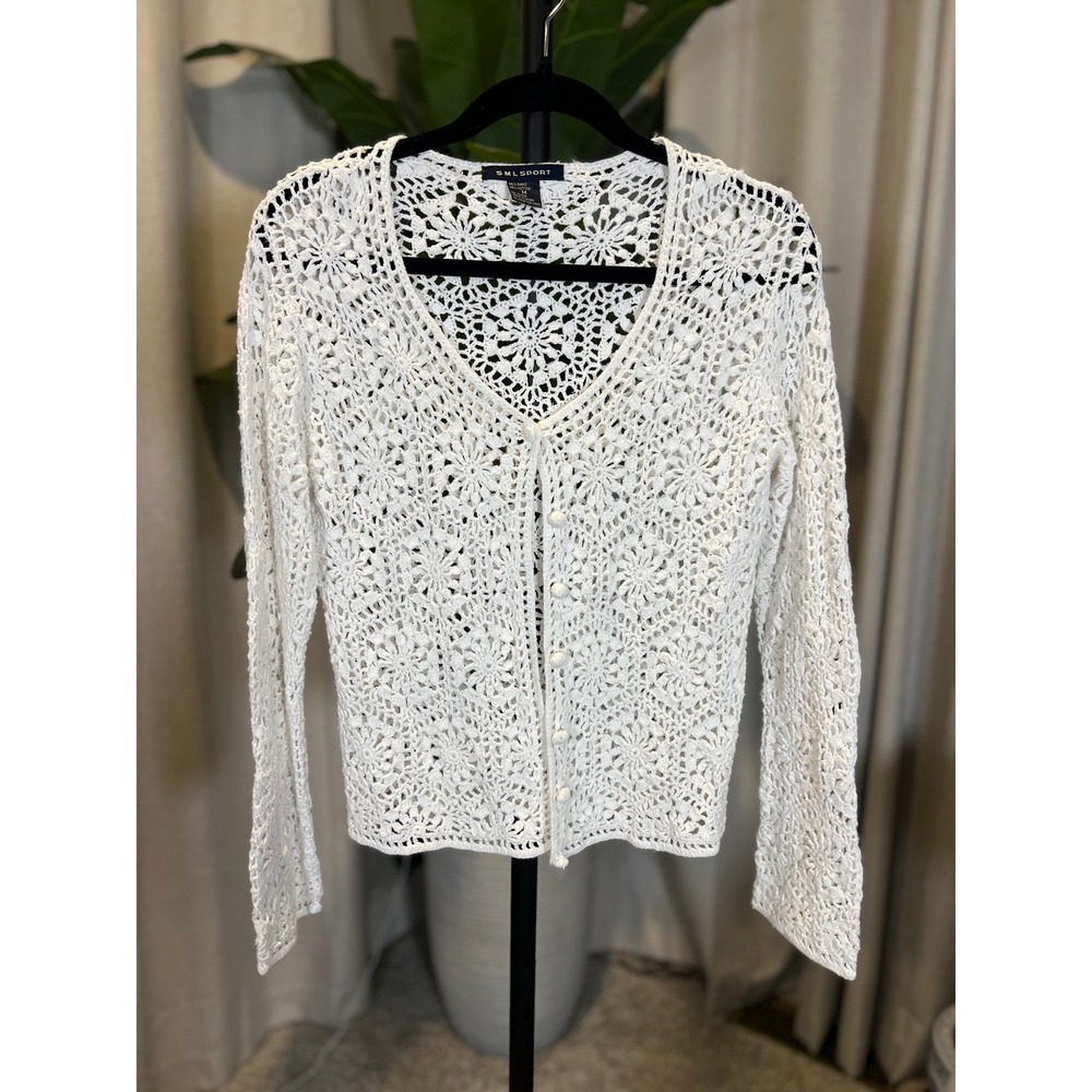SML Sport White Crochet Floral Medallion V-Neck Button Front Cardigan Medium